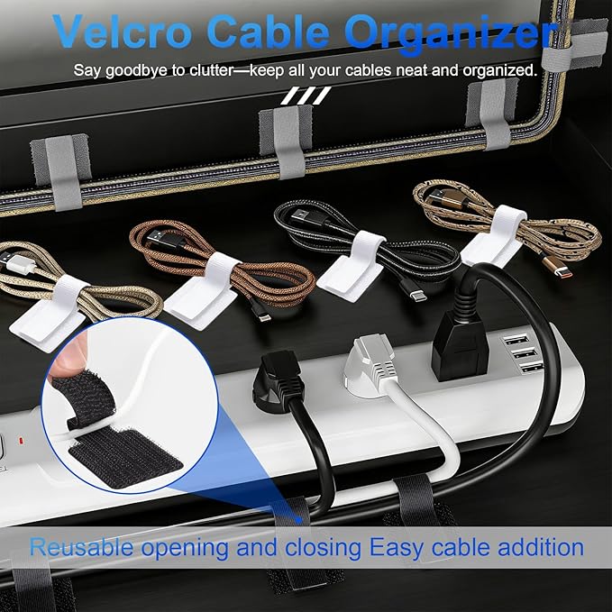 80Pcs Hook and Loop Cable Ties Under Desk Cable Management Adhesive Strips for Cord Hider Wire Organizer Computer Accessories for Desk Home Office Organization Essentials - Black