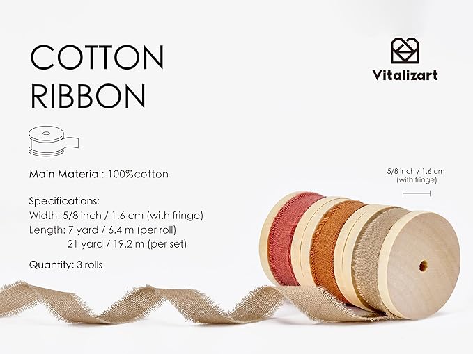 Vitalizart Fall Ribbon Cotton Handmade Fringe 5/8" x 21 Yd Terracotta & Khaki Pure Natural Cotton Ribbons for Gift Wrapping Wedding Invites Bridal Shower Bouquets Holiday Decor