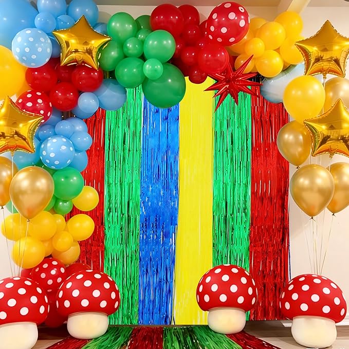 BEISHIDA 3Pcs Red Green Blue Yellow Streamer Backdrop Foil Fringe Tinsel Curtains Backdrops for Super Bros Birthday Video Game Baby Shower Decorations Party Supplies (3.28 ft x 6.56 ft)