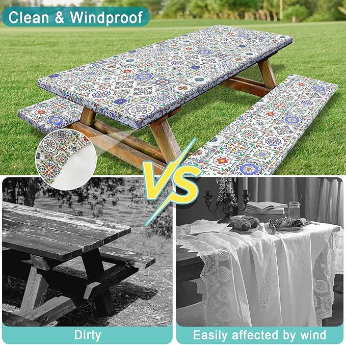 Picnic Table Cover with Bench Covers, Camping Essentials, Buffalo Plaid Waterproof Windproof Camping Tablecloth, Fitted Tablecloth Cover with Elastic Edge, for Garden & Outdoor, 3 PCS, 30x72 Inch