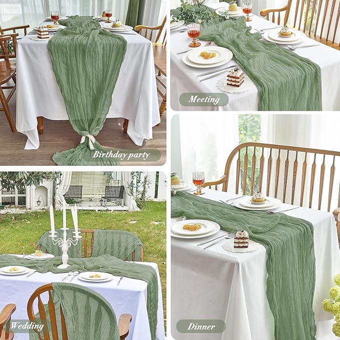 IVAPUPU 8 Pcs Cheesecloth Table Runner - 10ft Sage Green Spring Boho Gauze Cheese Cloth Table Runners for Baby Shower Decorations Wedding Party Garden Farmhouse