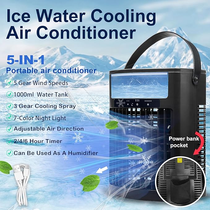 Portable Air Conditioner, 4 IN 1 Table Misting Fan 1000ML Water Tank, Personal Fan 5 Speeds & 3 Spray Modes Timing Evaporative Air Cooler, Desk Cooling Fan for Bedroom Office Living Room (Black)