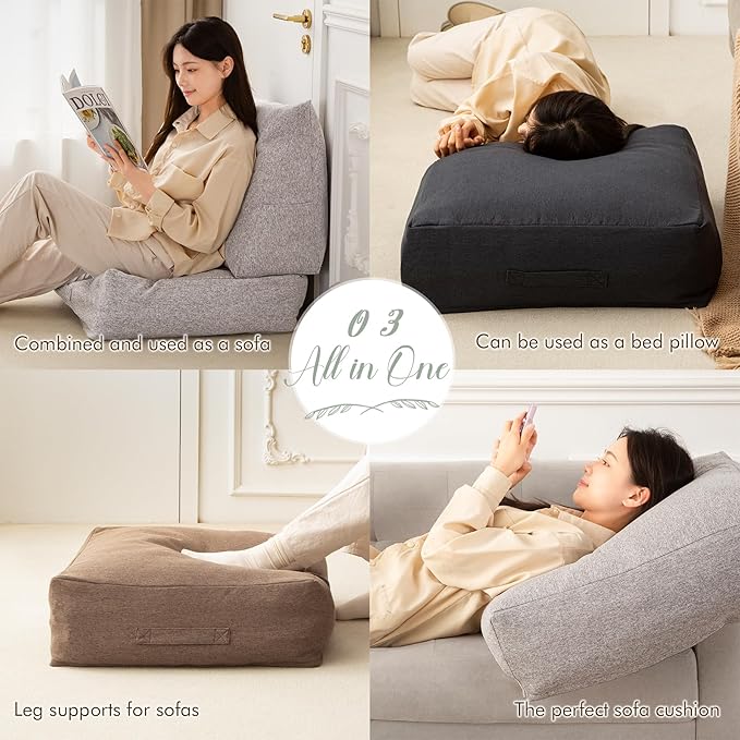 Square Comforter Storage Bag/Wedge Pillow Cover Linen Like - Multi-Use Pillow, Cushion & Bedding Insert Cover - Stuff with Clothes, Blankets for Extra Storage (22.8x22.8x7.8 In, Brown)