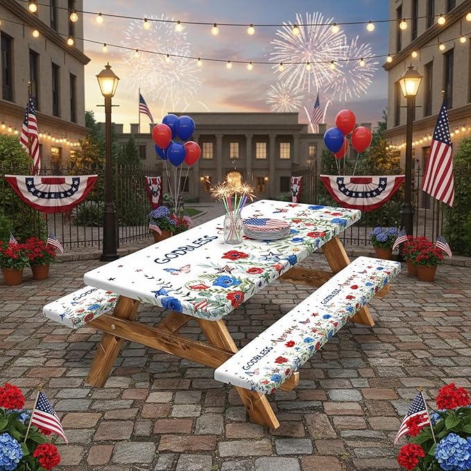 JAWO 4th of July Picnic Table Cover with Bench Covers, Red Blue Watercolor Flowers Fitted Waterproof Tablecloth with Elastic Edge, 3 PCS Set for Outdoor Camping, Independence Day Decorations,96in