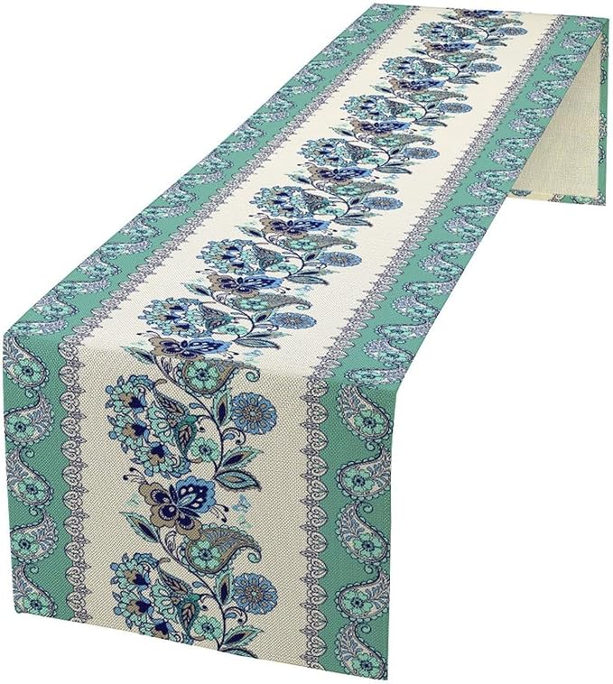 Paisley Table Runner, Vintage Teal Damask Floral Flower Boho Antique Damask Swirled Pattern Rustic Coffee Table Center Decor for Family Kitchen and Living Room Outdoor Table Decorations, 13"x72"