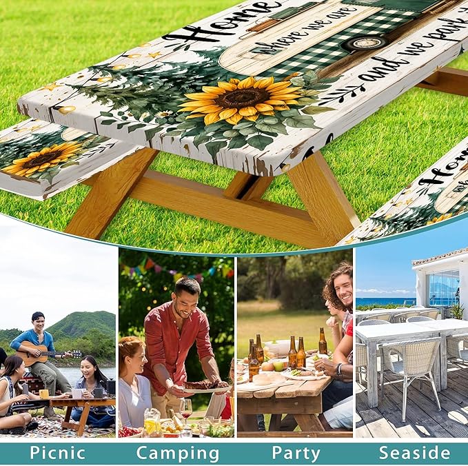 Picnic Table Cover with Bench Covers Camping Essentials Green Checkered RV Forest Sunflower Wooden Outdoor Table Covers with Elastic Waterproof Camping Tablecloth for Indoor & Outdoor 3 PCS 30x72 Inch