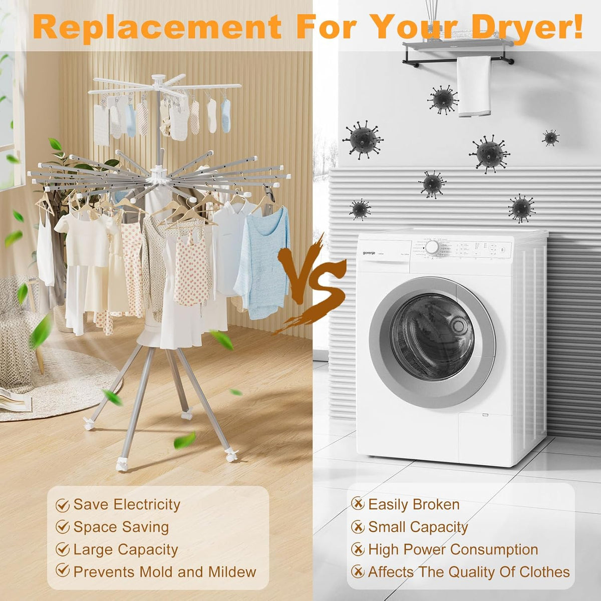 4-Legged Clothes Drying Rack Foldable, Double Dryer Rack with 20 Clips, Outdoor Laundry Drying Rack with 4 Pulleys, Collapsible Drying Rack Clothing