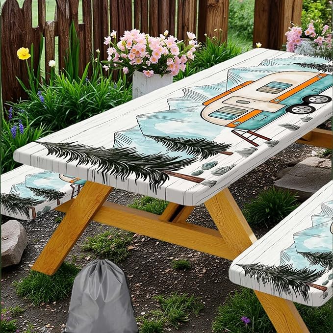 Happy Campers Picnic Table Cover with Bench Covers, RV Camping Tablecloth Fitted Picnic Table Covers, Pine Forest Country Wooden for Rectangle Tables Family Garden Outdoor Party Decorations, 30X72in