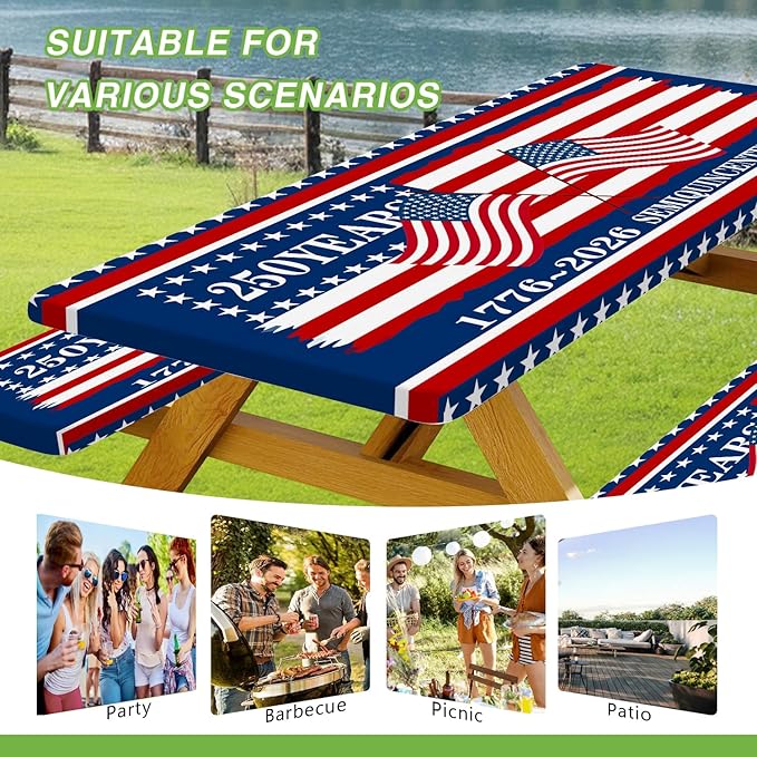 250th Anniversary America Flag Picnic Table Cover with Bench Covers Camping Essentials 250 USA Flag 1776-2026 Waterproof Fitted Camping Tablecloth Cover with Elastic Edge for Outdoor 3 PCS 30x60 Inch