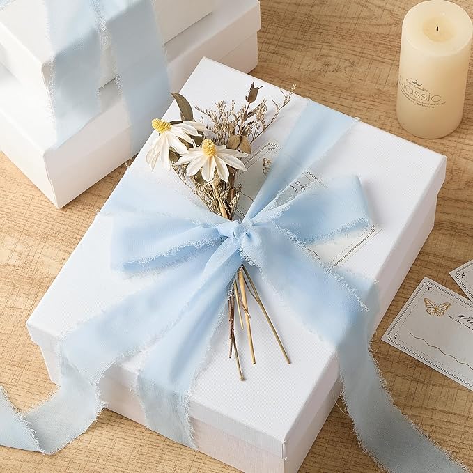 Light Blue Chiffon Ribbon 1.5" x 21 Yd Handmade Fringe Silk Chiffon Fabric Ribbon for Gift Wrapping Wedding Invitation Bridal Flower Bouquet DIY Crafts Home Decor
