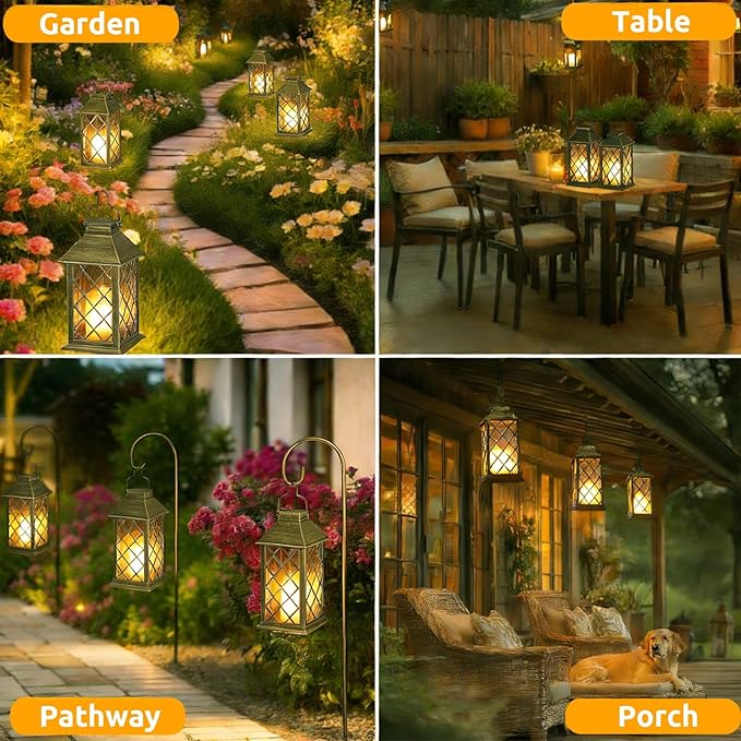2 Pack 14" Large Tempered Glass Solar Lanterns Outdoor Waterproof, Hanging Solar Lights with Flickering Flameless Candles, Solar Lantern for Wall Porch Patio Table Garden Decoration-Bronze