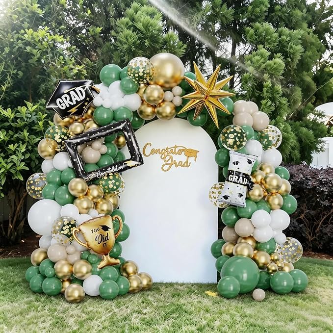 146Pcs Sage Green Gold White Graduation Balloon Garland Arch Kit,with Explosion Star,Diploma,Trophy,Grad Hat,Photo Frame Foil Balloon for Congrats Class of 2026 Graduates Celebration Party Decoration