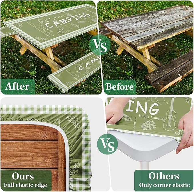 Picnic Table Cover with Bench Covers Elastic Edges, Green Camper Fitted Table Cover, Outdoor Patio Camping Essentials 72 Inch 3PCS, Waterproof Camping Fitted Tablecloth with Drawstring Bag