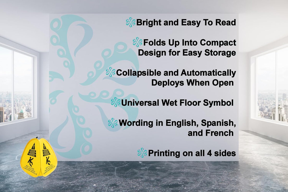 Kraken Sign Co - Pop-up Sign, Yellow 4-Sided Bilingual Trilingual English/Spanish/French Warning, Pop-up Caution Wet Floor Sign 16 inch for Restaurant, Commercial and Industrial Safety. Foldable, Portable, Durable