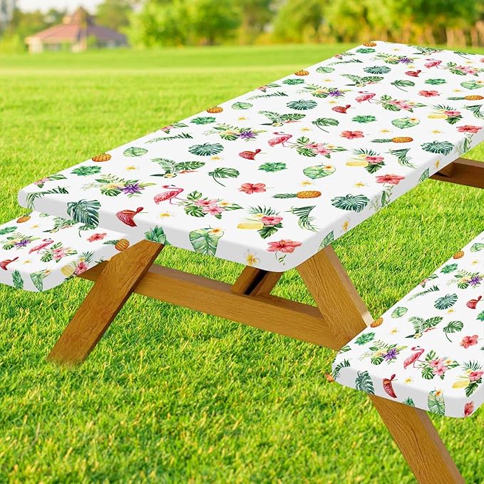 Picnic Table Cover with Bench Covers and Bag, Summer Outdoor Waterproof Windproof Tablecloth with Elastic Edges, Camping Accessories RV Gear Campers 96x30 Inches 4 Pcs Set, White