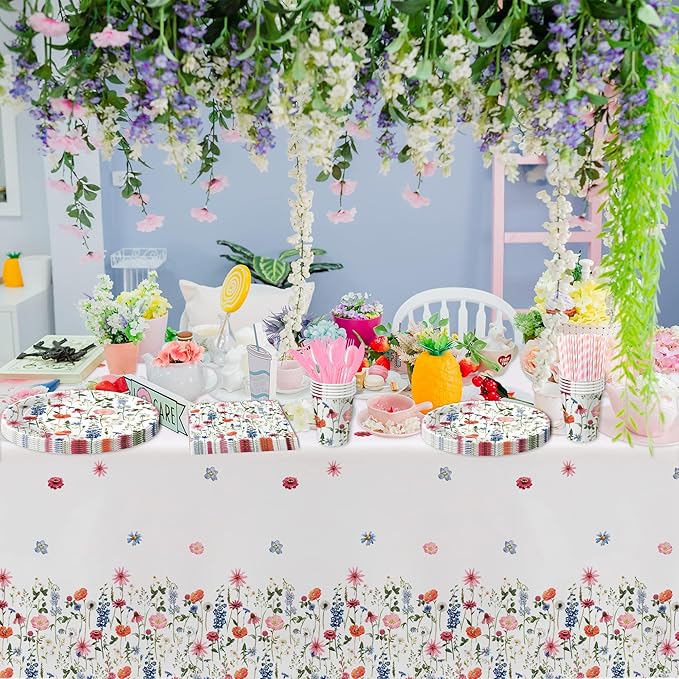 Floral Party Decorations Tableware, Spring Summer Flower Wildflower Party Supplies for Birthday Baby Shower, Paper Plate, Cup, Napkin, Tablecloth, Disposable Cutlery, Serves 24