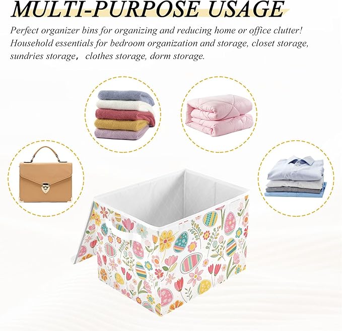 Easter Flower Eggs Storage Bins with Lids and Carrying Handle,Foldable Storage Boxes Organizer Containers Baskets Cube with Cover for Home Bedroom Closet Office