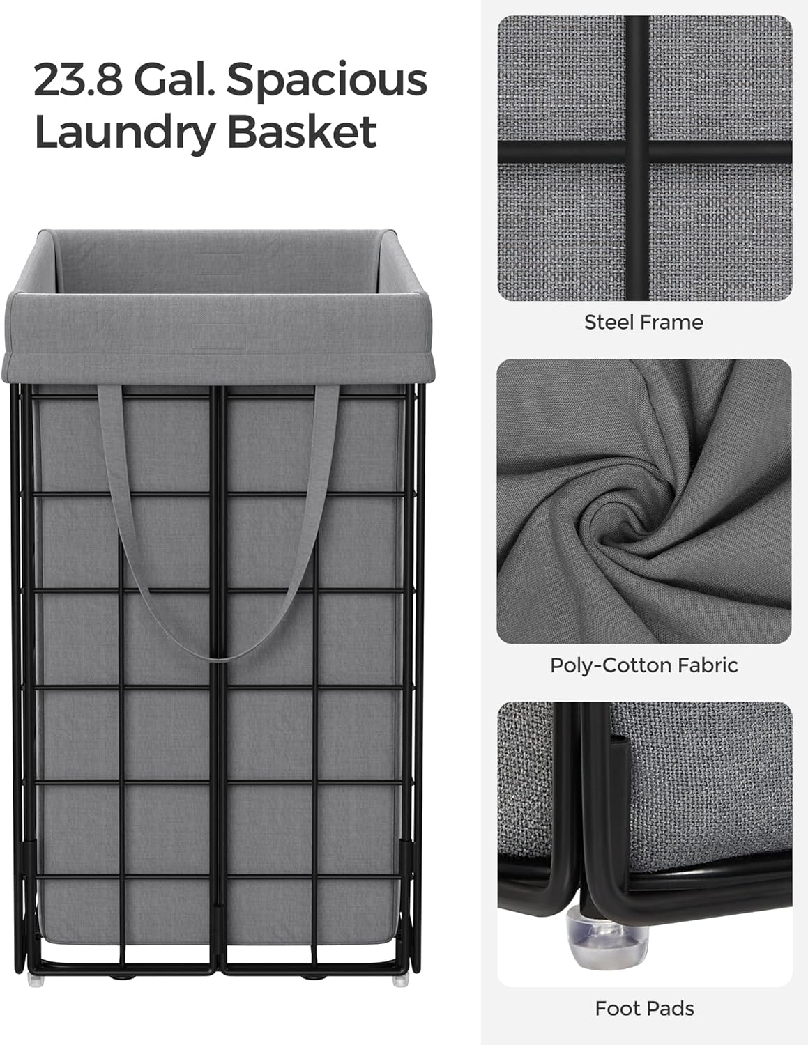 SONGMICS Laundry Hamper, 23.8 Gal. (90L) Laundry Basket, Collapsible Clothes Hamper, Removable and Washable Liner, Metal Wire Frame, for Bedroom Bathroom, Black and Gray ULCB190G01