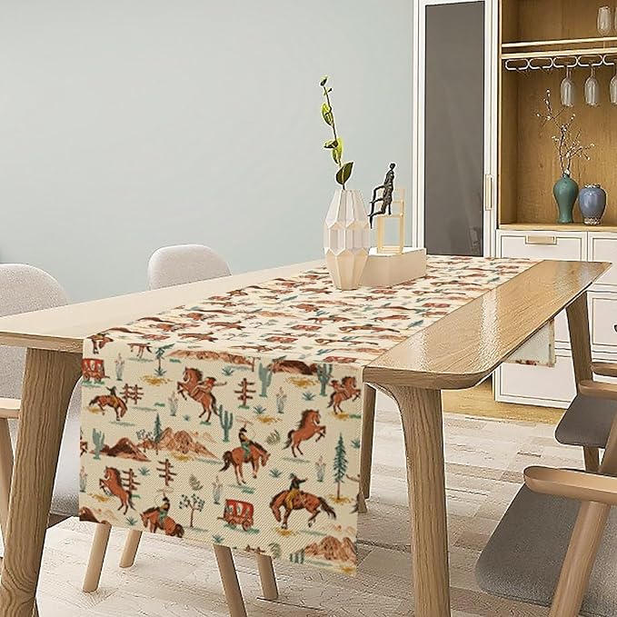 Western Cowboy Table Runner,Vintage Farmhouse Country Cowboy Horse Cactus Desert Print Table Runner for Kitchen Dining Table Holiday Home Party Decor 13x108in