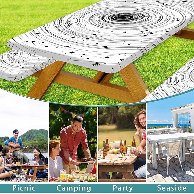 Picnic Table Cover with Bench Covers Camping Essentials Abstract Art Cosmic Vortex Pattern Waterproof Oilproof Fitted Camping Tablecloth Cover with Elastic Edge for Indoor Outdoor 3 PCS 30x72 Inch