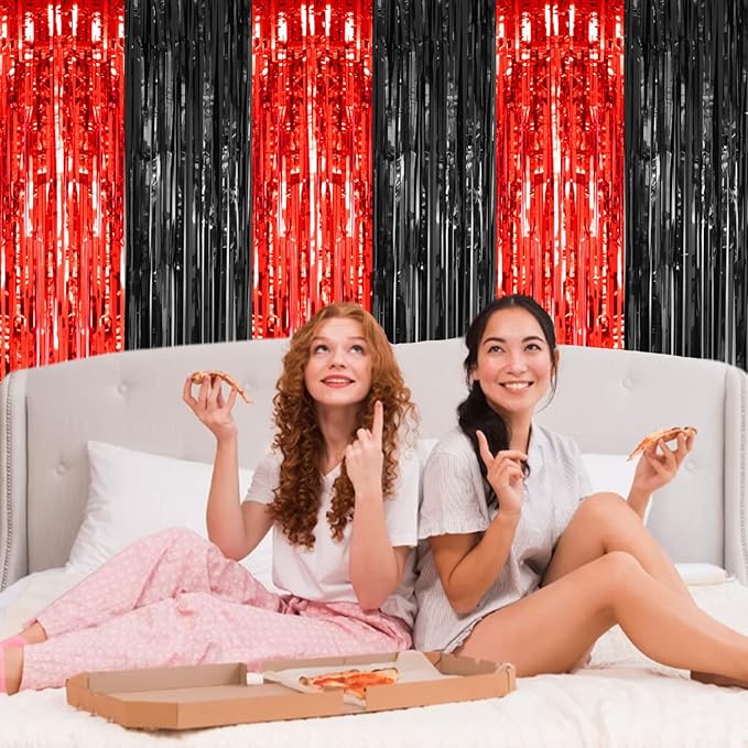 PIGETALE, 2 Pack 3.2x8.2 Feet Black and Red Foil Fringe Curtains Party Decorations, Tinsel Curtain Backdrop Streamers for Birthday Graduation Fiesta Stranger Theme Halloween Christmas Party Supplies