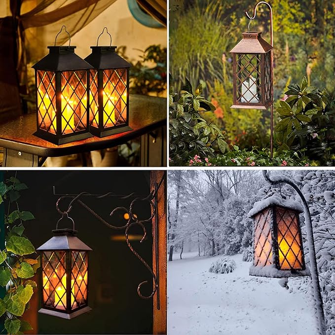 Solar Outdoor Lantern, Garden Hanging Waterproof Lanterns PVC Upgrade 3 LED Flickering Flameless Candle Decorative for Garden Women Mom Grandma Halloween Gifts (Grid Candle)