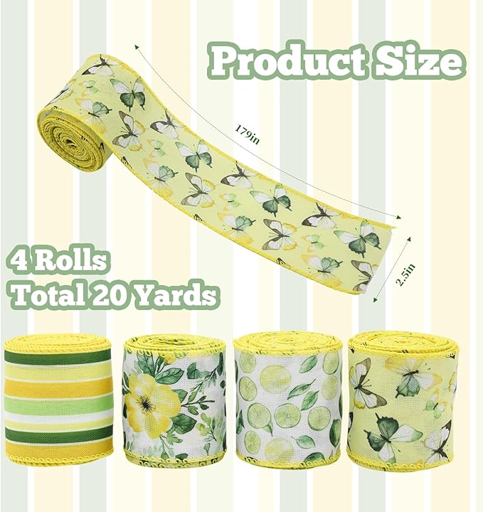 4 Rolls Floral Wired Edge Ribbon – Spring Summer Yellow Grosgrain with Butterfly, Lemon & Flower Motifs for Gift Wrapping, Wedding Decor, DIY Crafts (2.5 Inch, 5 Yards Each)