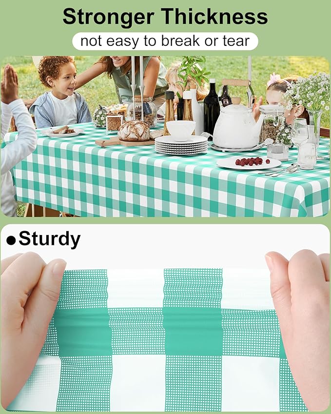Smiry 12 Packs Gingham Disposable Table Cloth, 54 x 108 Inch Waterproof Plastic Tablecloth, Rectangle Teal and White Checkered Table Covers for Picnic, Birthday, Party