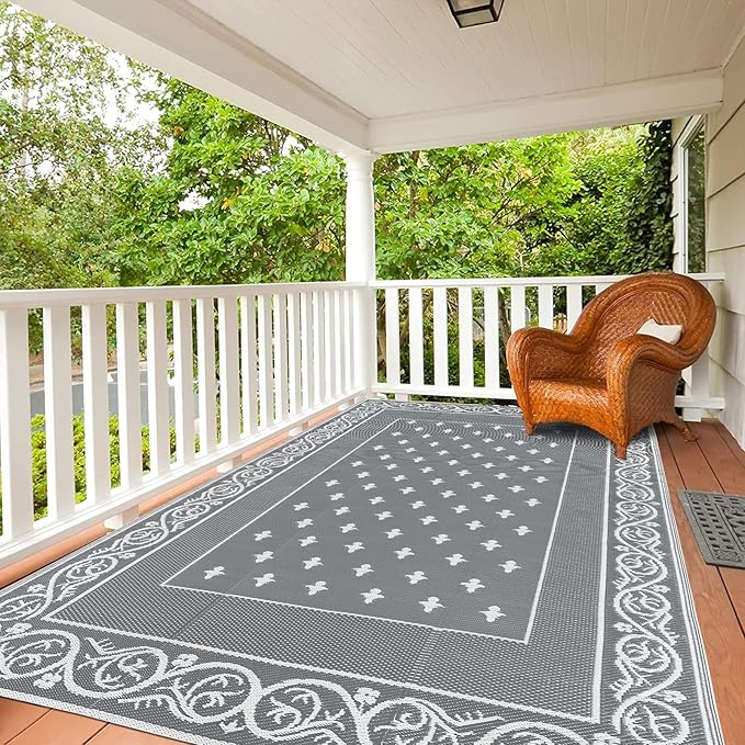 Pauwer Waterproof Outdoor Rug 6x9, Reversible Plastic Straw Patio Camping Rug, Indoor Outdoor RV Mat Carpet for Deck, Camper, Porch, Balcony, Backyard, Picnic, Bordered Grey
