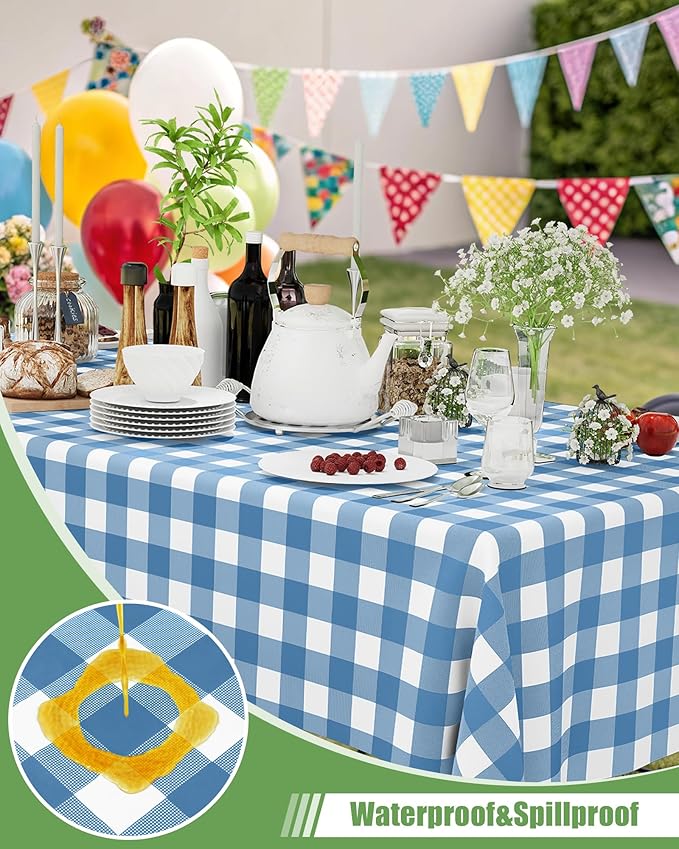 Smiry 12 Packs Gingham Disposable Table Cloth, 54 x 108 Inch Waterproof Plastic Tablecloth, Rectangle Aqua and White Checkered Table Covers for Picnic, Birthday, Party