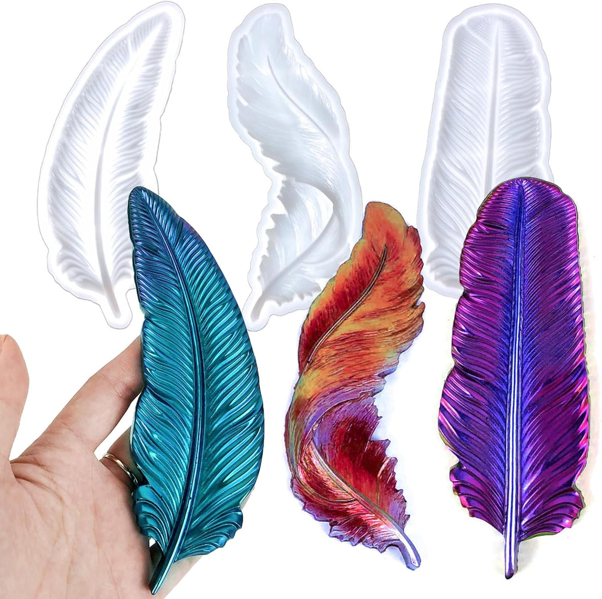 Wehous 3PCS Feather Resin Mold 3D Feather Shape Silicone Molds for Epoxy Resin Casting Concrete Wall Hanging Keychain Jewelry Pendant Decor Mould DIY