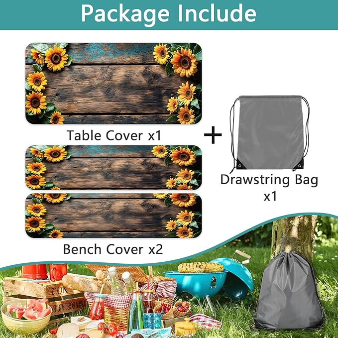 Picnic Table Cover with Bench Covers Wood Sunflower Flowers Wooden Floral Waterproof Windproof Fitted Outdoor Tablecloth with Elastic Rectangle Table Cloth Camping Accessories,72x30 Inch