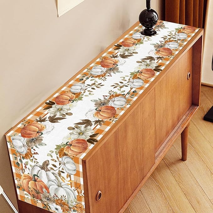 Fall Table Runner, Farmhouse Autumn Pumpkin Harvest Orange Buffalo Plaid Thanksgiving Rustic Coffee Table Center Decor for Home Kitchen Dining Patio Holiday Party Indoor Outdoor, 13"x36" Inch