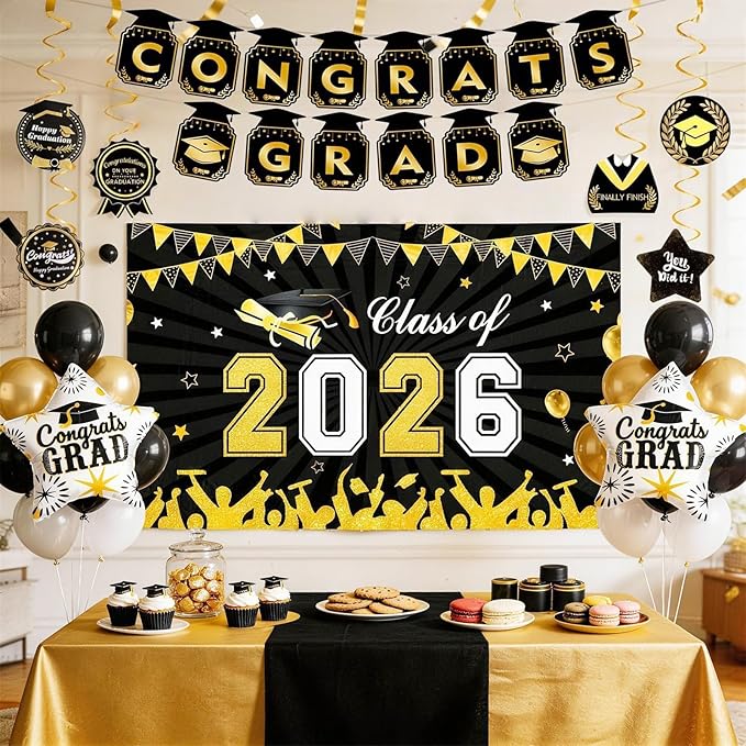 Black Gold Graduation Decorations 2026, Graduation Party Decorations Set with Class of 2026 Backdrop Congrats Grad Banner Foil Star Balloon Grad Balloon Hanging Streamers Kit for High School College