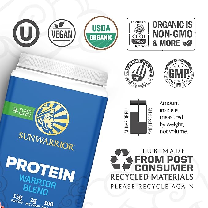 Sunwarrior Vegan Organic Protein Powder Plant-Based, Bcaa Amino Acids Hemp Seed Soy Free Dairy Free Gluten Free Synthetic Free Non-GMO