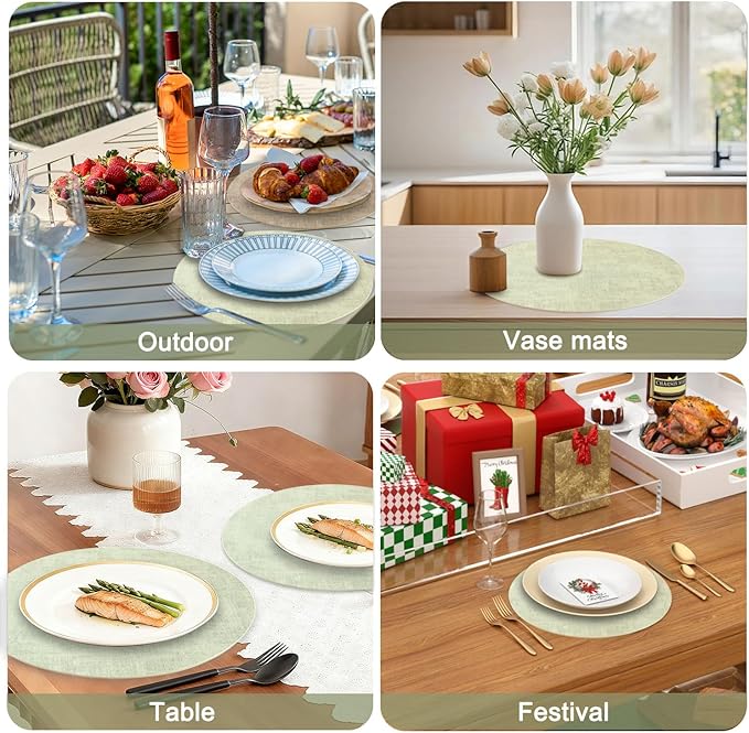 Round Faux Leather Placemats and Coasters, Set of 6, Reversible Heat Resistant Non-Slip Table Mats, Waterproof Wipeable Place Mats for Dining Table, Washable for Indoor & Outdoor (6, Light Green)