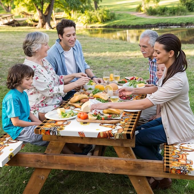 Fall Picnic Table Cover with Bench Covers, Camping Essentials, Thanksgiving Buffalo Plaid Floral Waterproof Windproof, Fitted Tablecloth Cover with Elastic Edge, Indoor & Outdoor, 3 PCS, 30x60 Inch