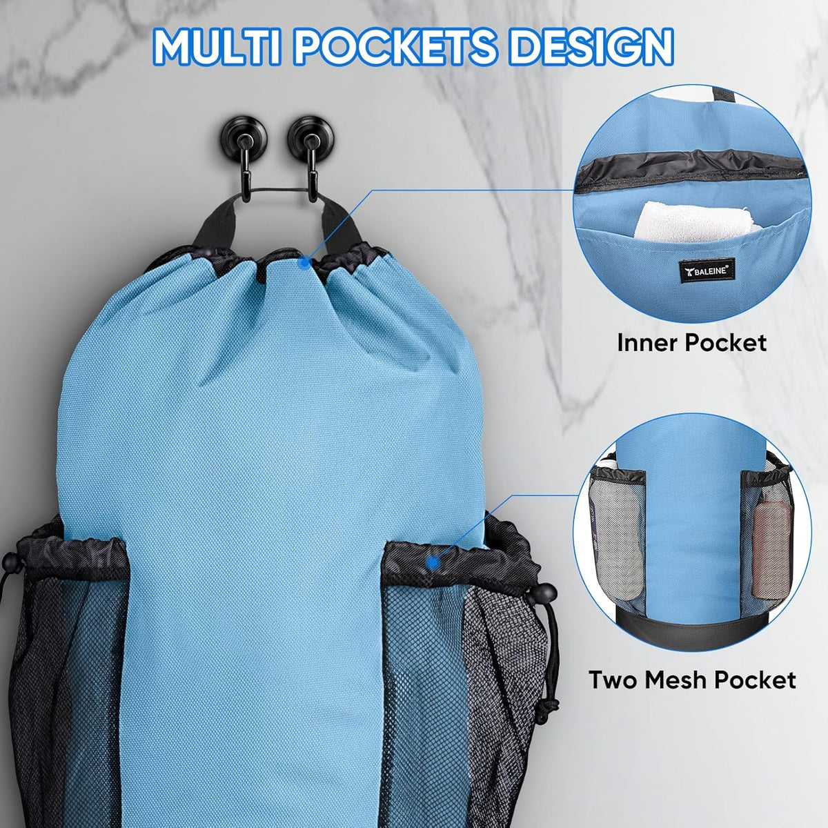 BALEINE 150L Laundry Bag Backpack, 900D Oxford Fabric Large Travel Laundry Bags with Shoulder Straps and 2 Mesh Pockets for College Dorm, Apartment, Laundromat (Blue, 150L)