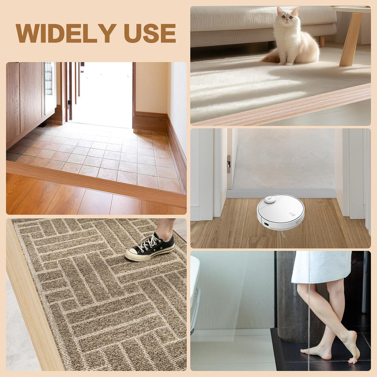 Floor Transition Strip Vinyl Door Threshold Ramp Self Adhesive Carpet Edging Strip Doorway Edge Trim, Overlap Edge Reducer for Laminate Carpet, Floor, Tile (Yellow Wood, 2/5" to 3/5", 6.6Ft)