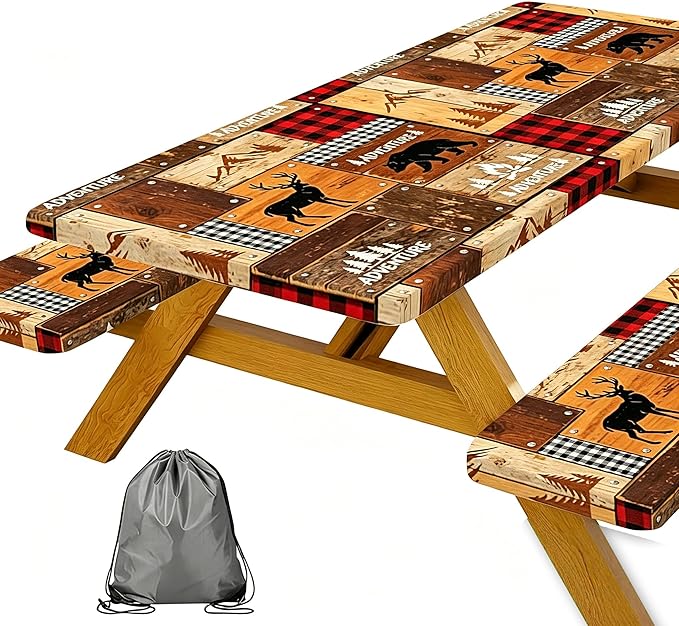 JAWO Rustic Cabin Style Picnic Table Cover with Bench Covers, Elastic Fitted Tablecloth, Lumberjack Buffalo Plaid & Bear Deer Adventure Pattern for Camping, Hunting Trips, 60x30 Inch
