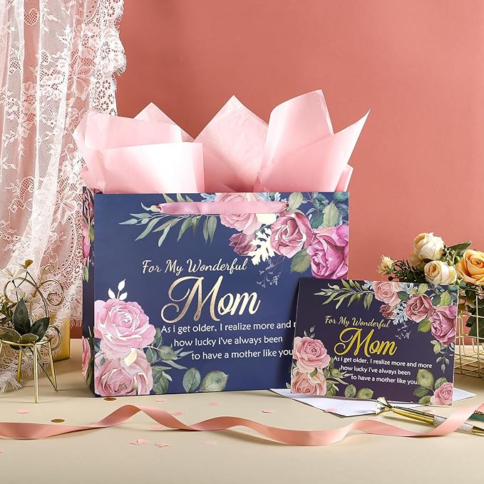 WRAPAHOLIC 13" Large Mom Birthday Gift Bag with Card and Tissue Paper - Elegant Floral and Gold Foil For My Wonderful Mom Lettering Design