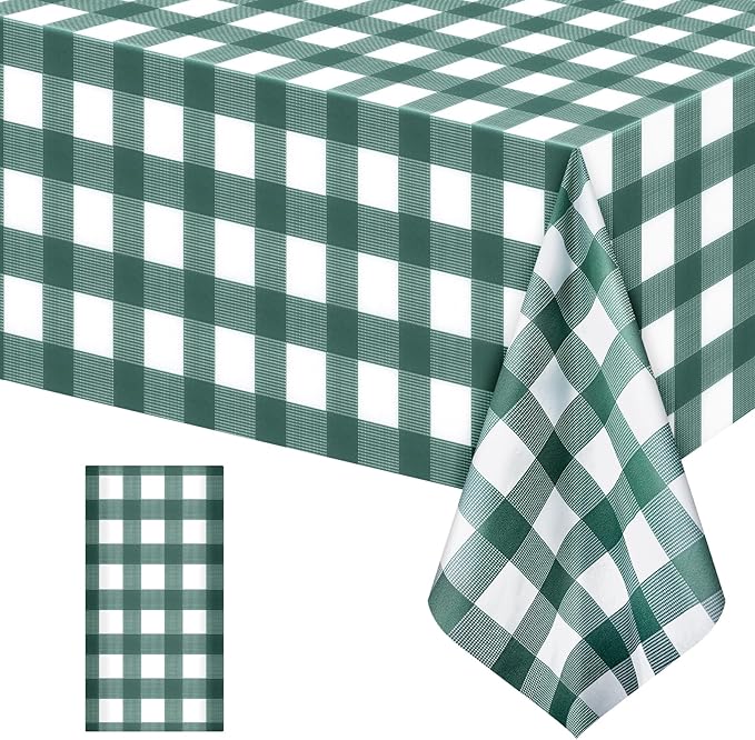 1 Pack Sage Green Striped Gingham Tablecloths, 54 x 108 Inch Disposable Plastic Rectangle Table Covers, Waterproof Checkered Sage Green Table Cloths for Picnic, Birthday, Party, Outdoor Events