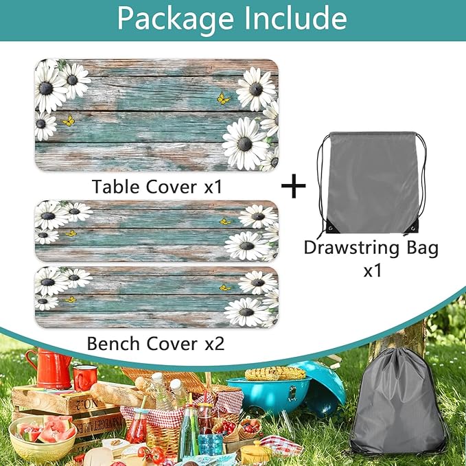 Daisy Flowers Picnic Table Cover with Bench Covers and Bag, Camping Essentials, Wooden Grain Waterproof Windproof, Fitted Tablecloth Cover with Elastic Edge, for Indoor & Outdoor, 3 PCS, 30x96 Inch