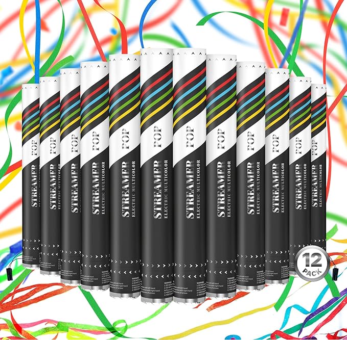 Electric Streamer Cannon Cartridges, 12pcs. - 16" Multi Color Streamer Poppers for Weddings, Parties, Events | Requires 2-shot/4-shot Confetti Machine to Activate