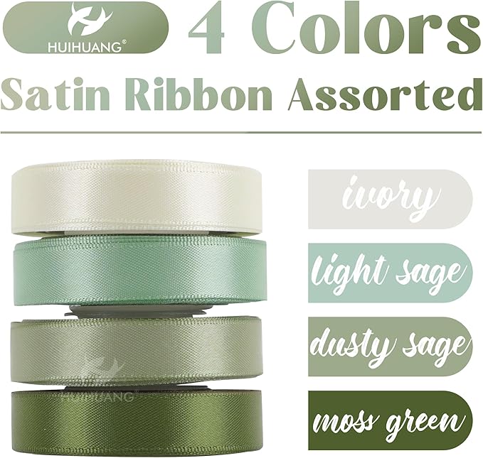HUIHUANG Sage Green Satin Ribbon 1/2 inch x 4 Rolls Ivory/Sage/Dusty Sage/Moss Green Ribbon for Gift Wrapping DIY Crafts Hair Bows Flower Bouquets Wedding Decor- Total 40 Yards