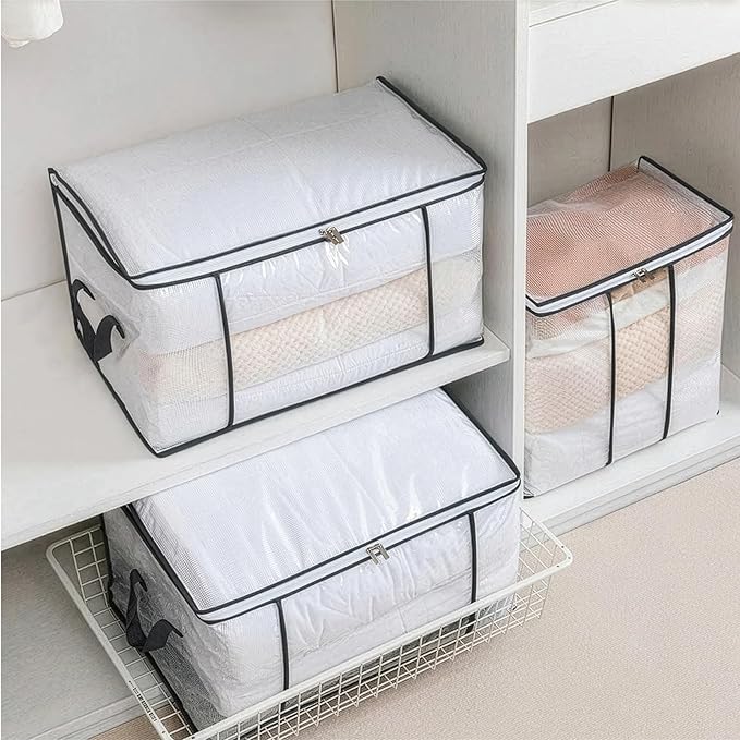 3 Pack 80L Large Comforter Storage Bags,Foldable Closet Organizers Box with Clear Window for Bedding, Blankets,Clothes,Pillows,Toys(Black)