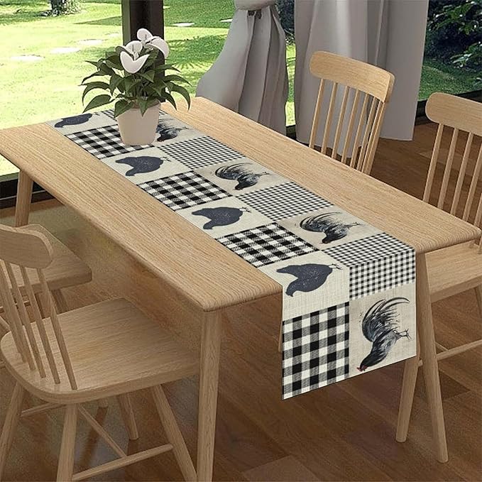 Farmhouse Rooster Table Runner, Vintage Rooster Retro Farmhouse Country Chicken Buffalo Checked Coffee Table Center Decor for Home Kitchen Dining Patio Holiday Party Table Decorations 13"x108"