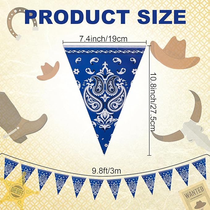 6 Pack Western Cowboy Party Decorations Blue Bandana Pennants Banner Wild West Decor Western Theme Bunting Flags for Birthday Baby Shower Country Party Supplies