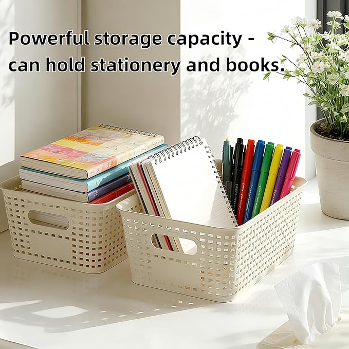6-Pack Stackable Plastic Woven Storage Baskets with Lids, Hollow Out Weave Bins with Handles + 2 Kraft Labels (WhiteBasket+WhiteLid)