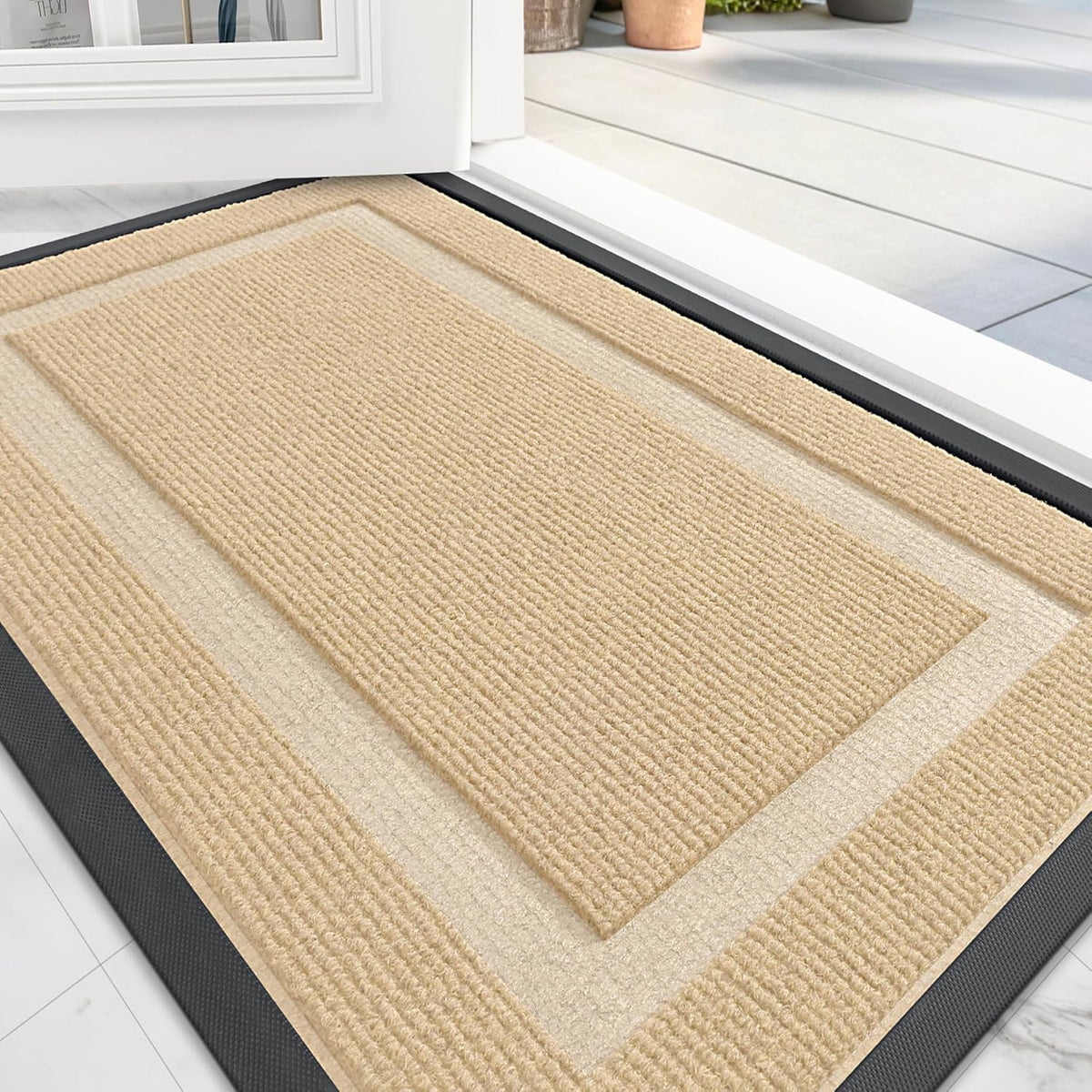 OLANLY Front Door Mat Indoor Outdoor Entrance, Waterproof All-Season, All-Weather Doormat, Sturdy Natural Rubber, Fade Resistant, Low Profile, Easy Clean Patio Porch Entryway Mat, 29.5x17, Beige